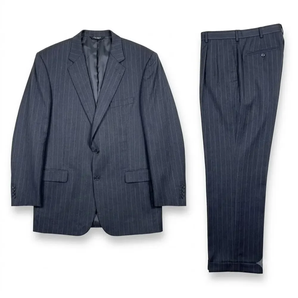 Jos A Bank Wool Suit Gray Striped Mens 46 XL Jacket 40x32 Pleated Cuffed Pants